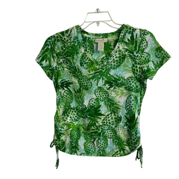 Caribbean Joe Womens Green Pineapple Print V-Neck Top Side Ties Small Tropical - Picture 1 of 7